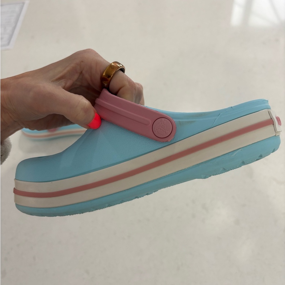CROCS Kids Aqua Blue Pink Strap Clog Water Shoes - Picture 11 of 13